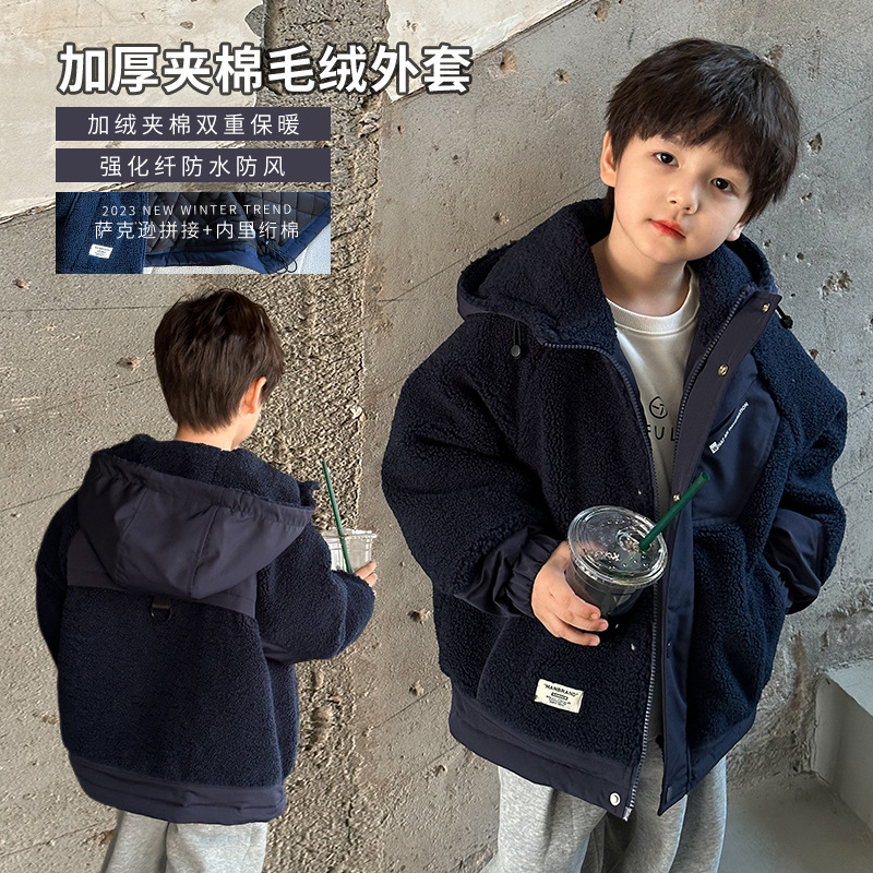 儿童棉服冬季新款中小男童韩版保暖拼接加绒加厚夹棉外套