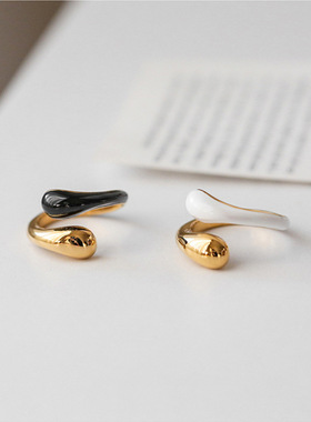 欧美ins冷淡风简约气质水滴开口戒指个性钛钢镀18K金色食指指环女
