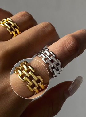 欧美时尚新款跨境表带式钛钢镀18K金戒指指环中指食指亚马逊ring