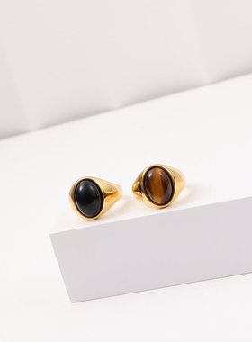 欧美大气时尚高品质跨境椭圆黑玛瑙圆形戒指钛钢镀金指环中指食指