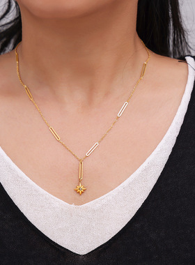 欧美chocker六星芒项链钛钢镀18K金颈链长条显瘦手工制作春夏新款