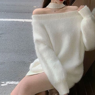 一字领露肩针织毛衣女2025春新款 高级感软糯下身失踪外穿毛线衣