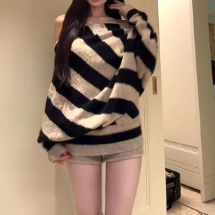 【两件套】条纹减龄套装长袖针织毛衣+短裤纯欲小个子甜辣套装女