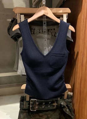 简约纯欲风小个子V领针织吊带背心女修身短款外穿辣妹无袖上衣