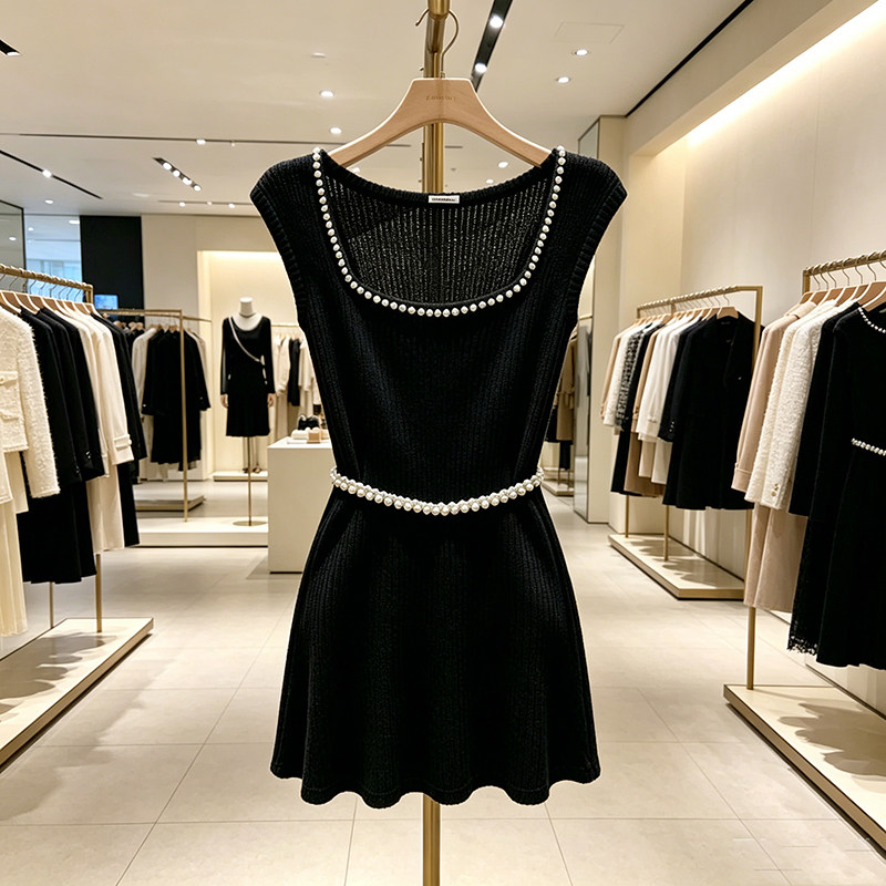 黑色珍珠领无袖连衣裙女收腰显瘦百搭A字裙法式优雅小个子短裙