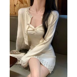 【两件套】清新淡雅气质小香风定钻高级感+吊带裙针织名媛套装女