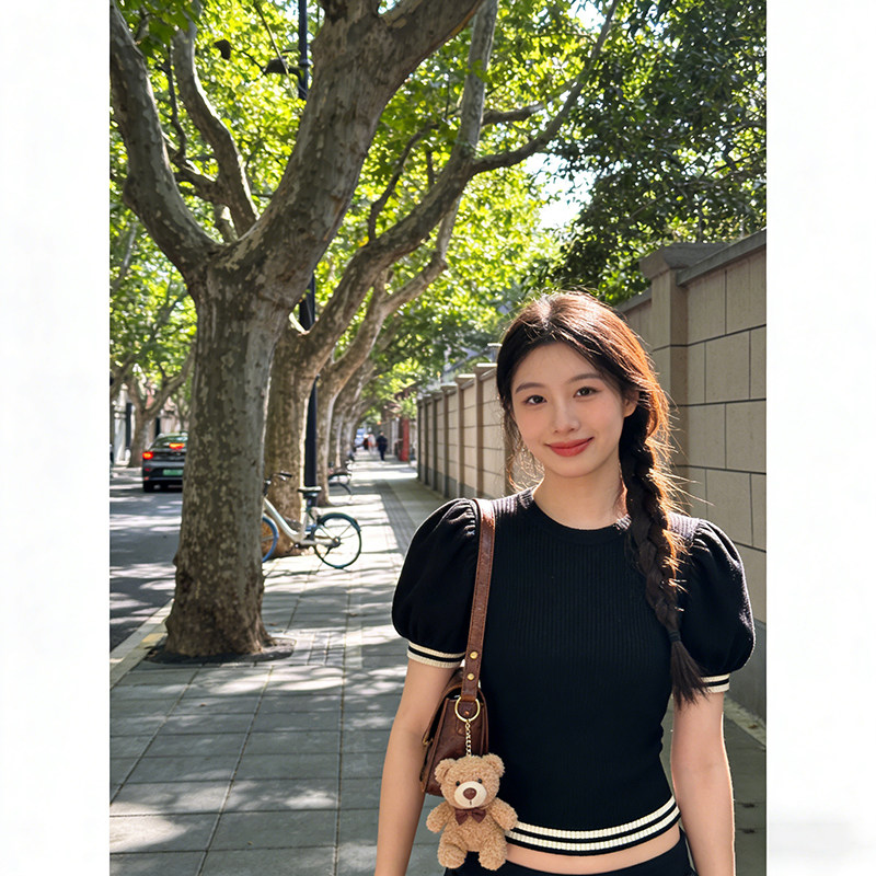 法式小香风黑色圆领短袖针织衫女条纹边百搭显瘦上衣小个子打底衫