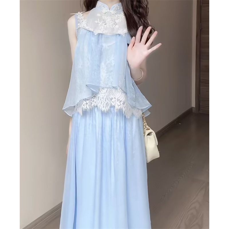 夏日绝美套装新款独特蓝色蕾丝拼