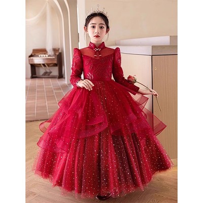 中国红立领长袖公主蓬蓬裙儿童秋冬中国风中式主持人表演女童礼服