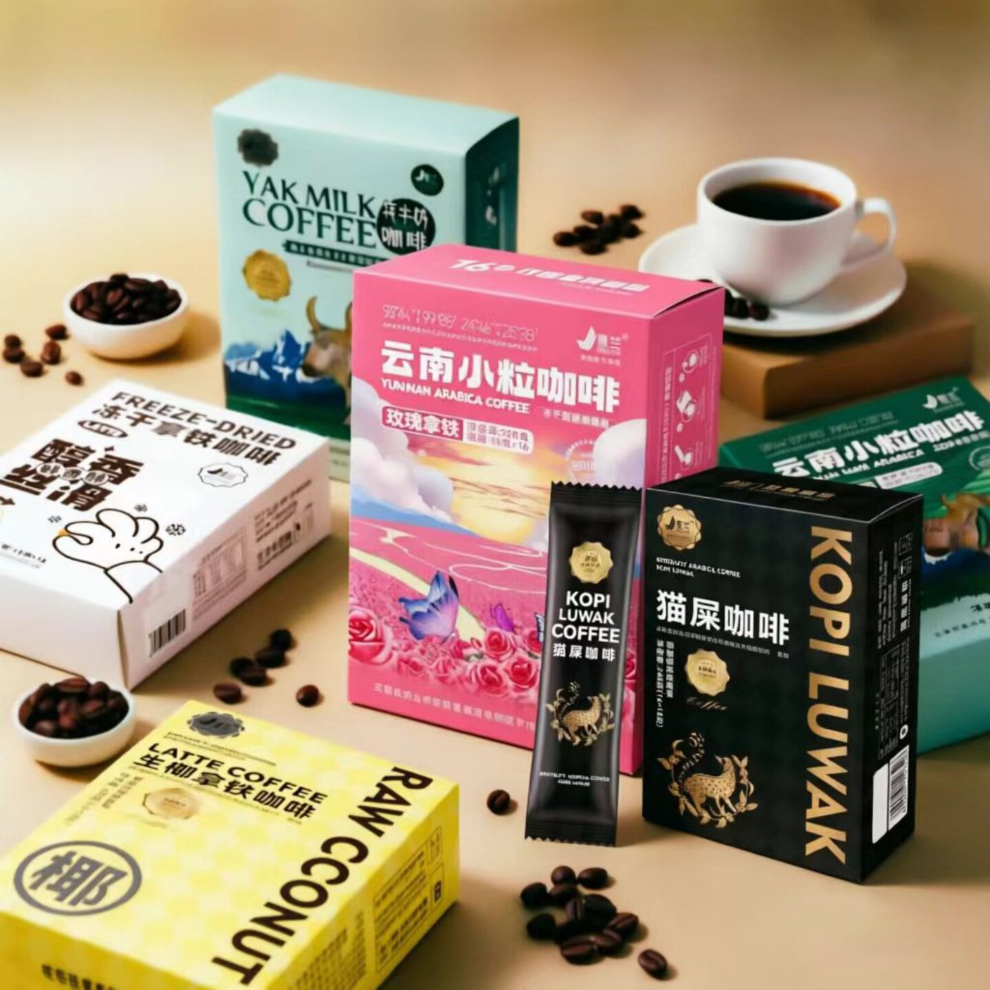 景兰3合1速溶小粒咖啡玫瑰拿铁猫屎旅游同款牦牛奶普洱茶云南特产