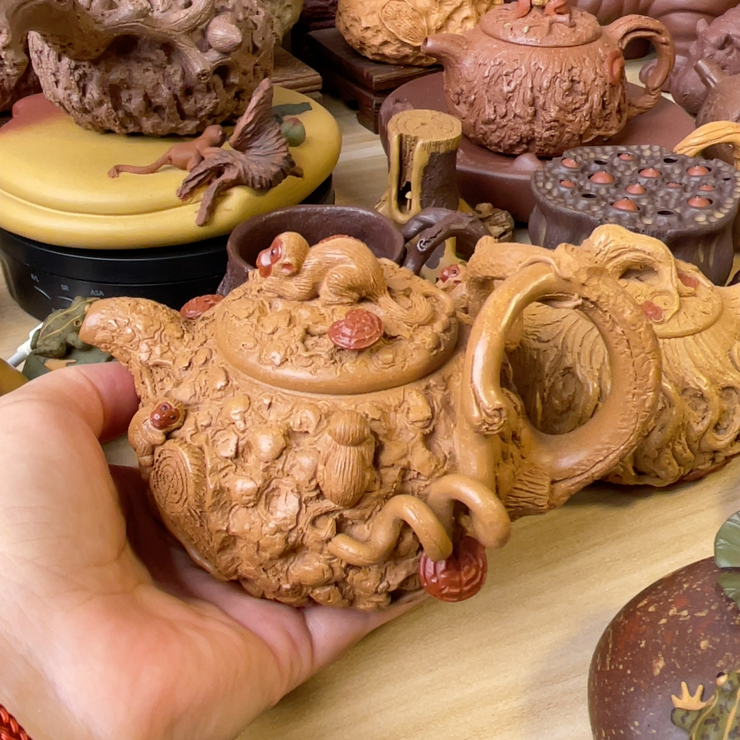 宜兴原矿紫砂供春壶名家手工灵猴献瑞老段泥5只小猴约240毫升