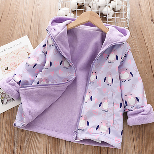 加绒加厚防风衣外套女童卡通双面穿冬款冲锋衣儿童连帽拉链衫上衣