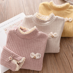 洋气女童加绒加厚打底衫儿童蕾丝花边T恤衫长袖女孩针织冬款上衣