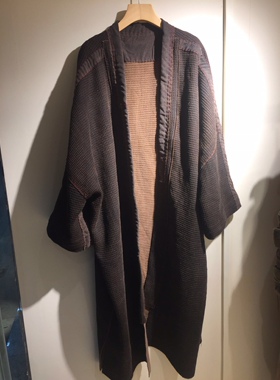 原创手工刺子绣针脚缝制柞蚕丝复古做旧慵懒休闲文艺大开衫袍子