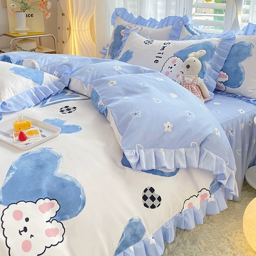 Xiaohongshu рекомендует четыре набора общежития в полной хлопковой кровати, юбка для девочек, чистое хлопковое одеяло, голая спальная весна осенняя кровать стиль