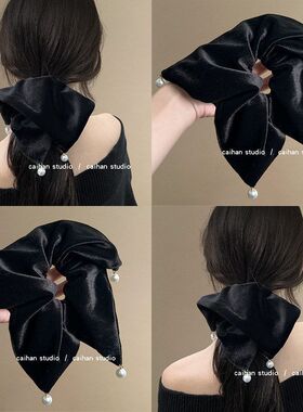 高弹力女耐用扎发饰低吊坠发圈马尾大肠珍珠方形丝绒秋冬皮筋头发