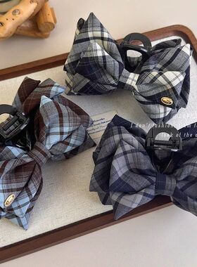 蝴蝶结韩系学院风金标格纹子抓夹洋气发饰盘发夹简约后脑勺夹鲨鱼