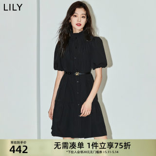 LILY2024春新款女装复古通勤时尚都市优雅宽松荷叶边小黑裙连衣裙