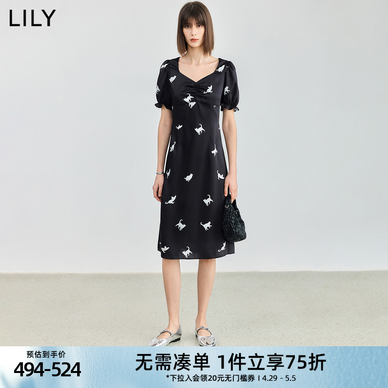 复古泡泡袖方领印花裙LILY小黑裙