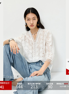 LILY2026夏新款女装莱赛尔混纺法式V领蕾丝七分袖白色套头雪纺衫