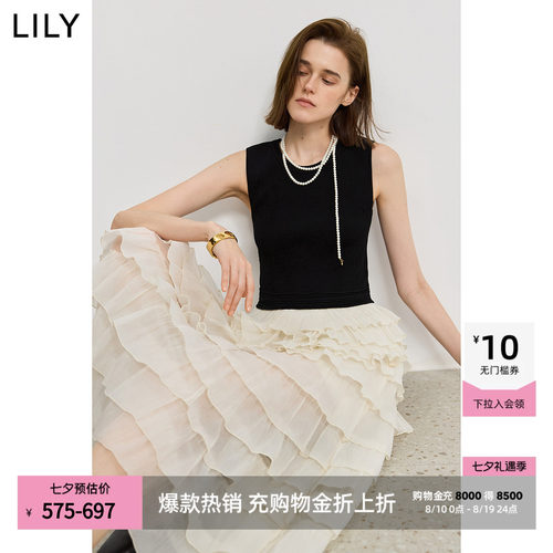 LILY通勤拼接复古收腰无袖连衣裙