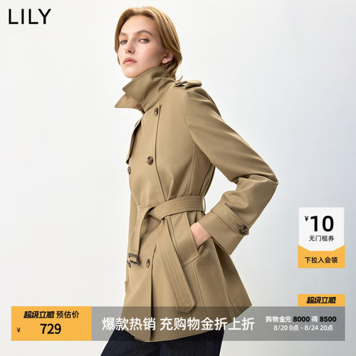 LILY通勤廓形双排扣收腰长袖风衣