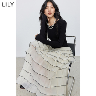 LILY2026春新款女装法式高腰垂感修身网纱连衣裙气质通勤蛋糕长裙