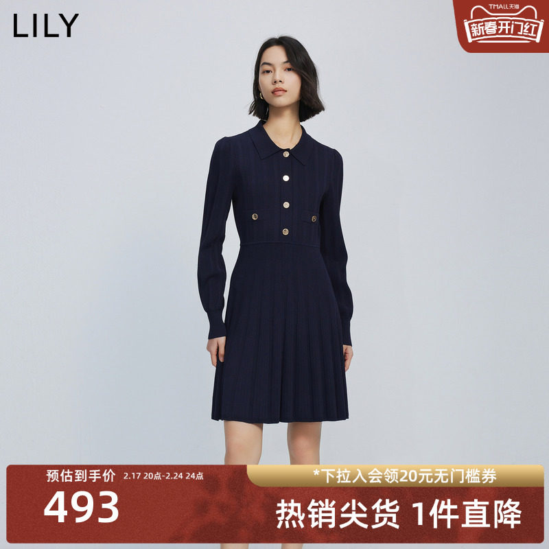LILY2024春新款女装气质通勤时尚复古中长款针织连衣裙小个子内搭