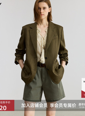 【100%亚麻】商场同款LILY2025新款女装复古老钱风驳领西装外套