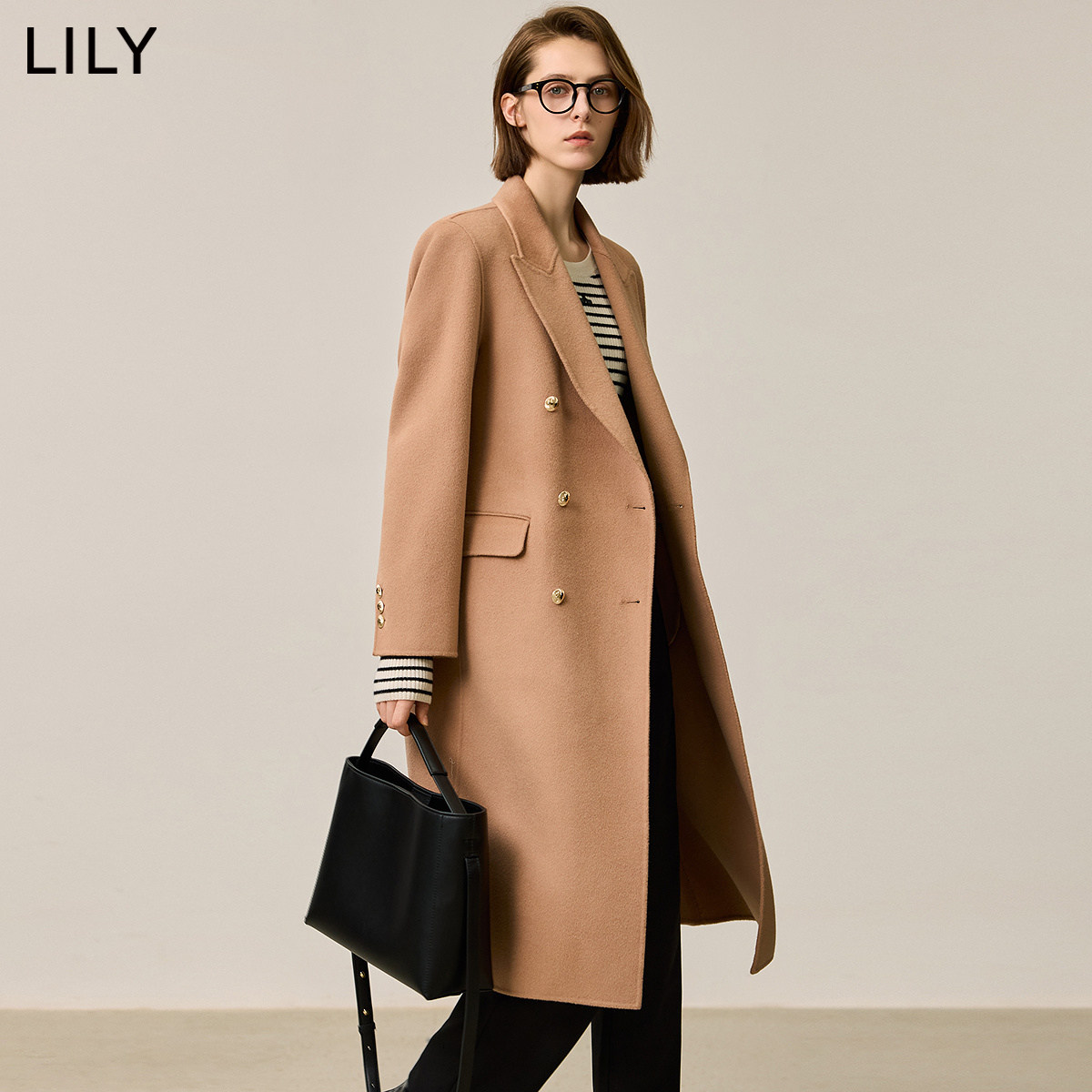 LILY24冬新款女装100%绵羊毛复古美拉德优雅宽松百搭毛呢大