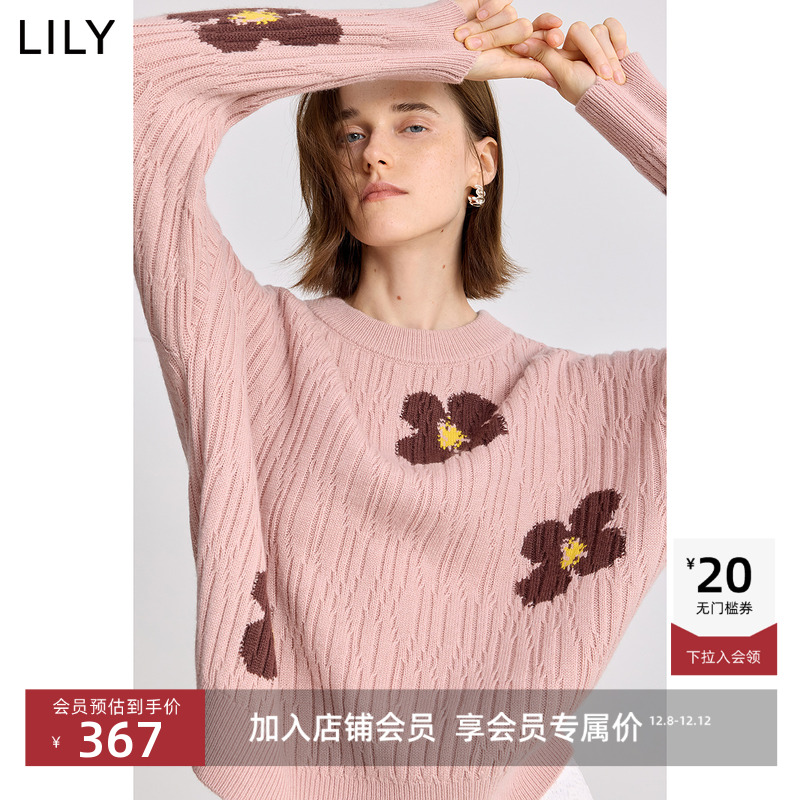 LILY提花加厚花朵宽松套头针织衫