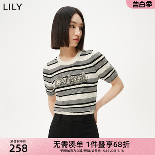 款 LILY夏新款 优雅端庄百搭通勤复古绞花拼色修身 女装 毛针织衫