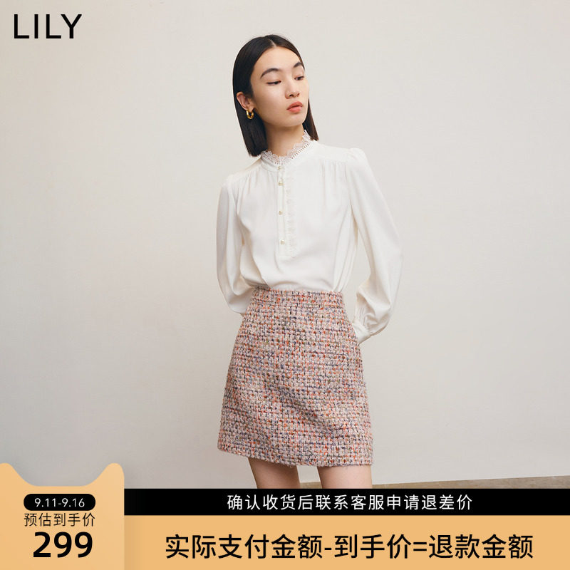 LILY2022冬新款女装别致温柔蕾丝领气质宽松垂感长袖雪纺衫