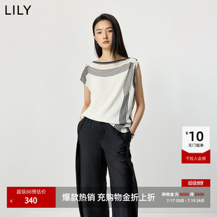 LILY2026夏新款莱赛尔混纺设计感撞色条纹不对称圆领套头雪纺衫女