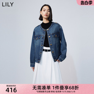 LILY2024春新款女装复古小香风全棉休闲通勤舒适圆领长袖牛仔外套