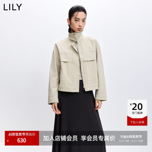 LILY卡其色通勤纯棉格纹撞色外套