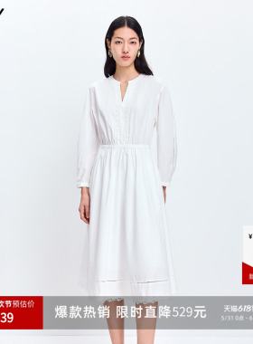 LILY2026春新款女装法式蕾丝拼接收腰休闲气质通勤白色长袖连衣裙