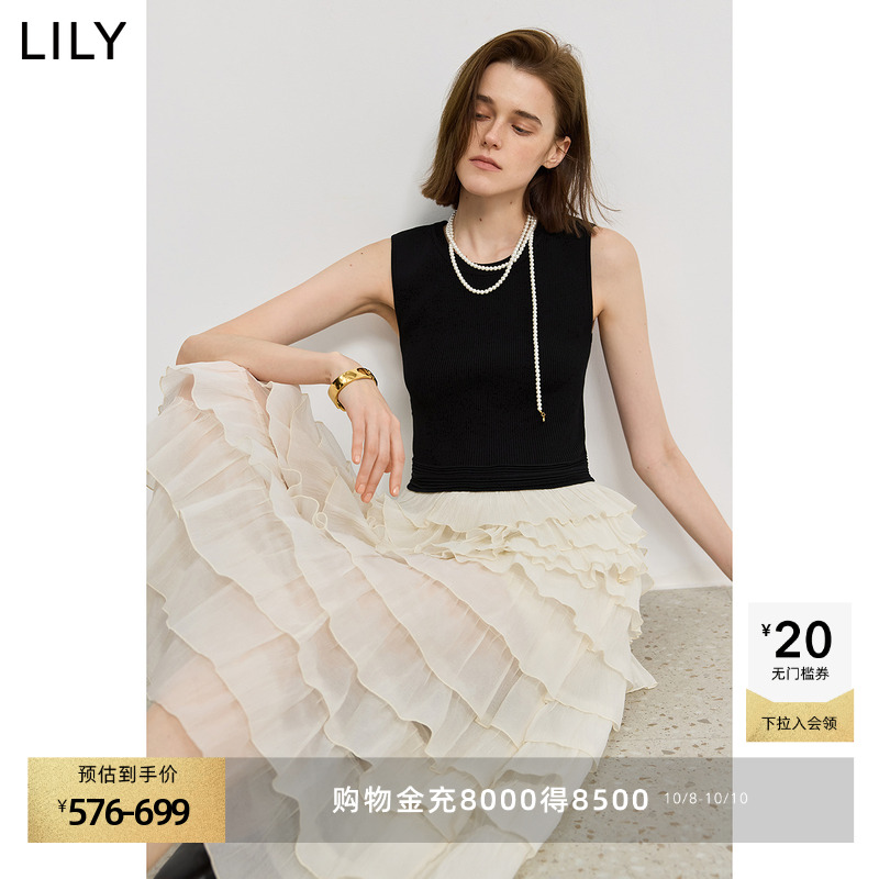 LILY2025新款复古气质休闲通勤收腰拼接无袖背心连衣裙蛋糕裙女