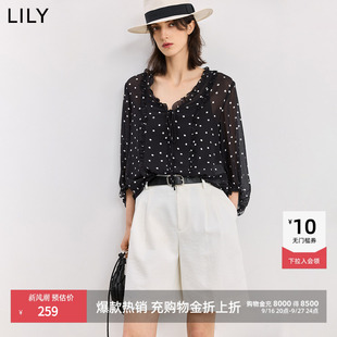 LILY2026夏新款女装经典法式复古宽松休闲套头波点上衣黑色雪纺衫