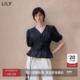 LILY2025新款 短袖 女装 博主同款 法式 V领收腰休闲通勤泡泡袖 衬衫