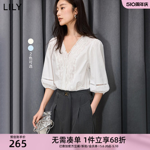 重工花边V领全棉白色泡泡袖 雪纺衫 女装 衬衫 女 法式 LILY2024夏新款