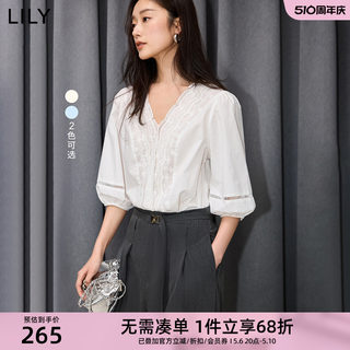 LILY2024夏新款女装法式重工花边V领全棉白色泡泡袖雪纺衫衬衫女