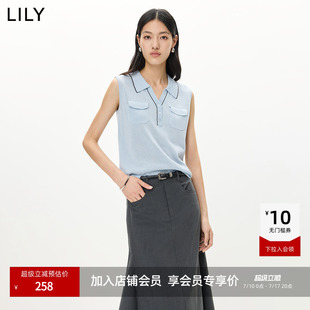 LILY2026夏新款含莱赛尔亚麻剪刀领休闲无袖针织衫背心马甲女短款