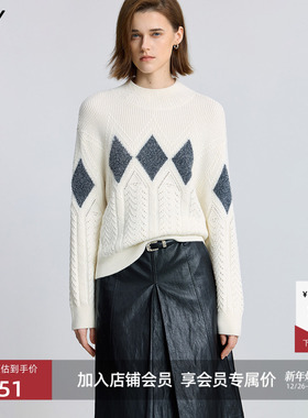LILY2025冬新款女装极简风菱格不规则绞花重工加厚套头针织衫毛衣