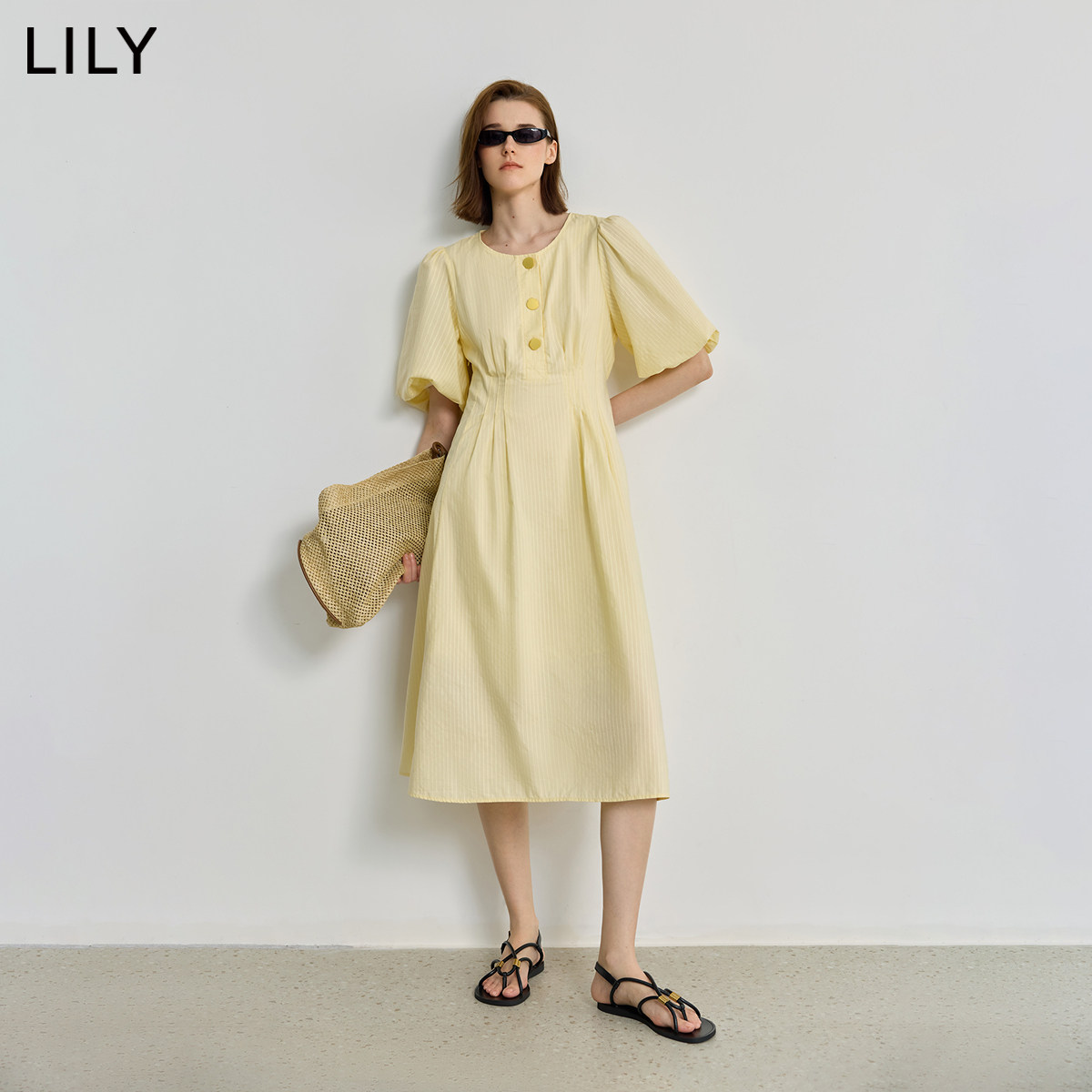 LILY夏季新款女装气质通勤款复古浪漫泡泡袖显瘦收腰连衣裙女