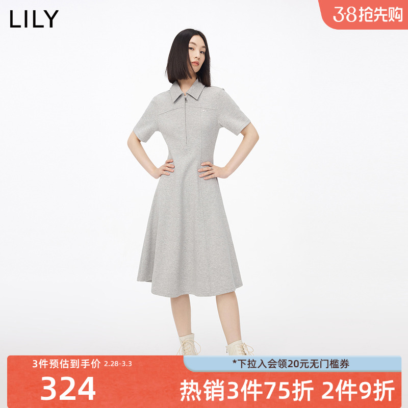 LILY简约Polo领都市轻运动风减龄收腰连衣裙夏装灰色裙子