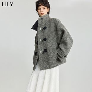 LILY2025冬新款女装绵羊毛羊驼毛混纺复古老钱风高领夹花毛呢外套