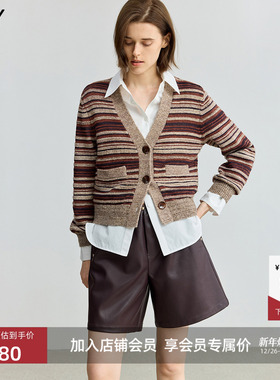 【商场同款】LILY2025新款女装含羊毛落肩休闲撞色条纹针织开衫