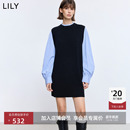LILY2025冬新款 气质通勤深色直筒裙针织连衣裙女 复古拼接条纹长袖