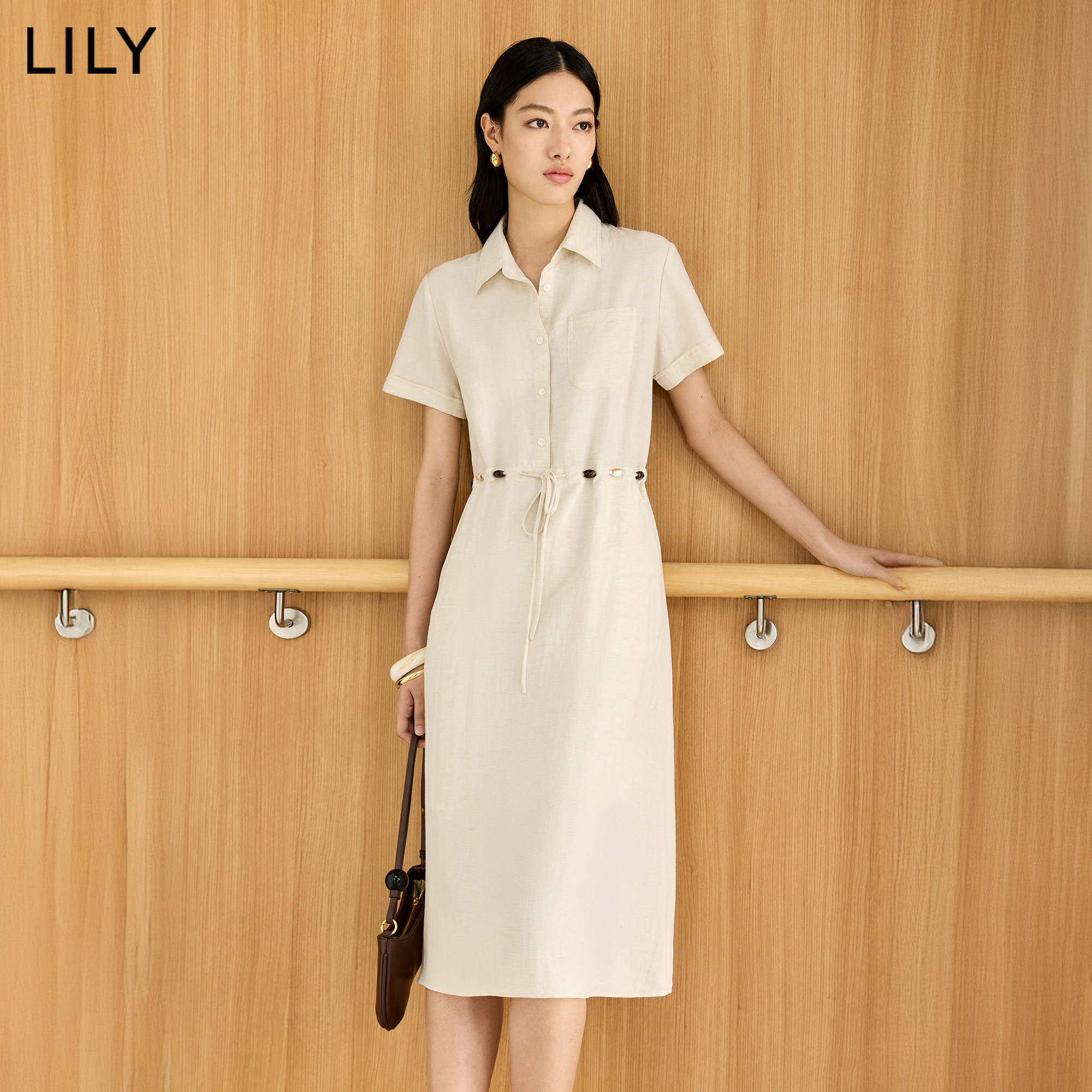 LILY2026夏新款女装简约翻领串珠抽绳收腰休闲通勤工装短袖连衣裙